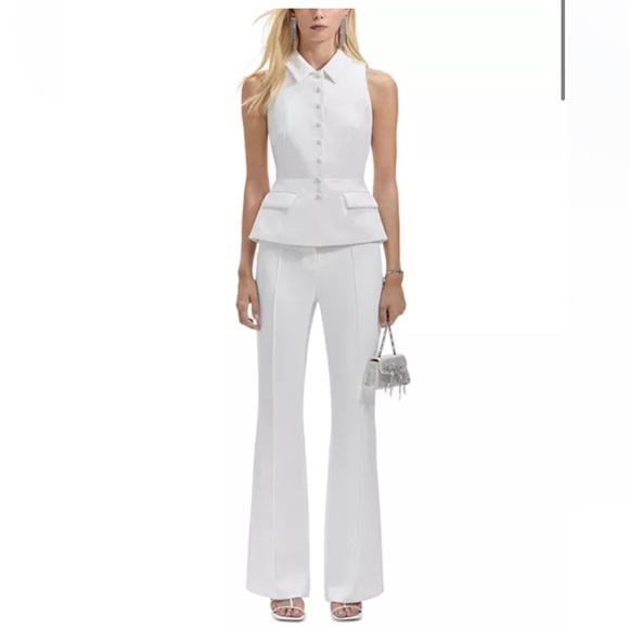 Self-Portrait Pants - Self-Portrait White Sleeveless Peplum Top with Wide-Leg Pants
